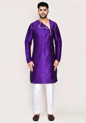 Purple Plain Art Silk Kurta Set For Men