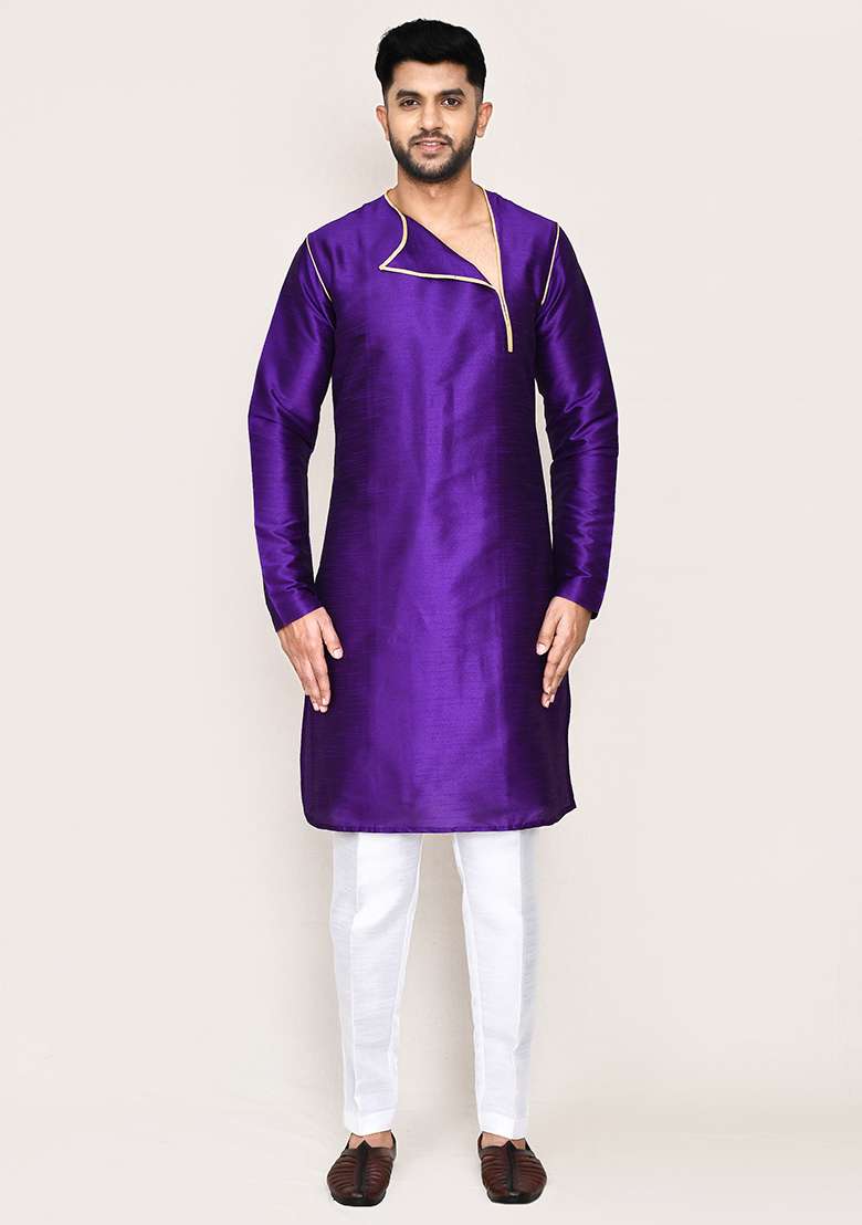 Purple Plain Art Silk Kurta Set For Men - Indya