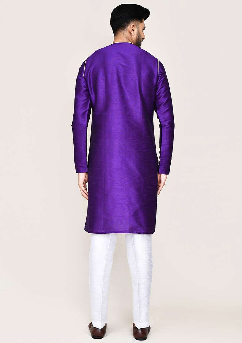 Purple Plain Art Silk Kurta Set For Men - Indya