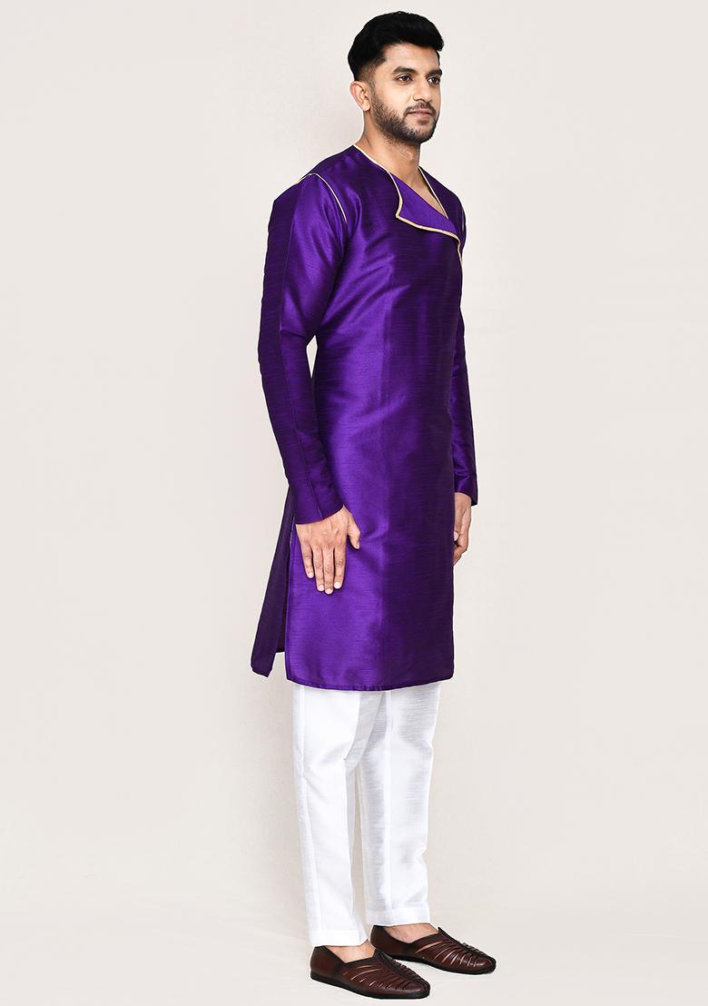 Purple Plain Art Silk Kurta Set For Men