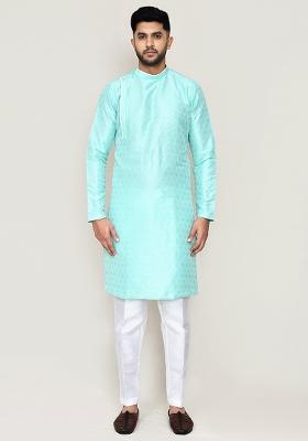 Ocean Green Jacquard Jacquard Silk Kurta Set For Men