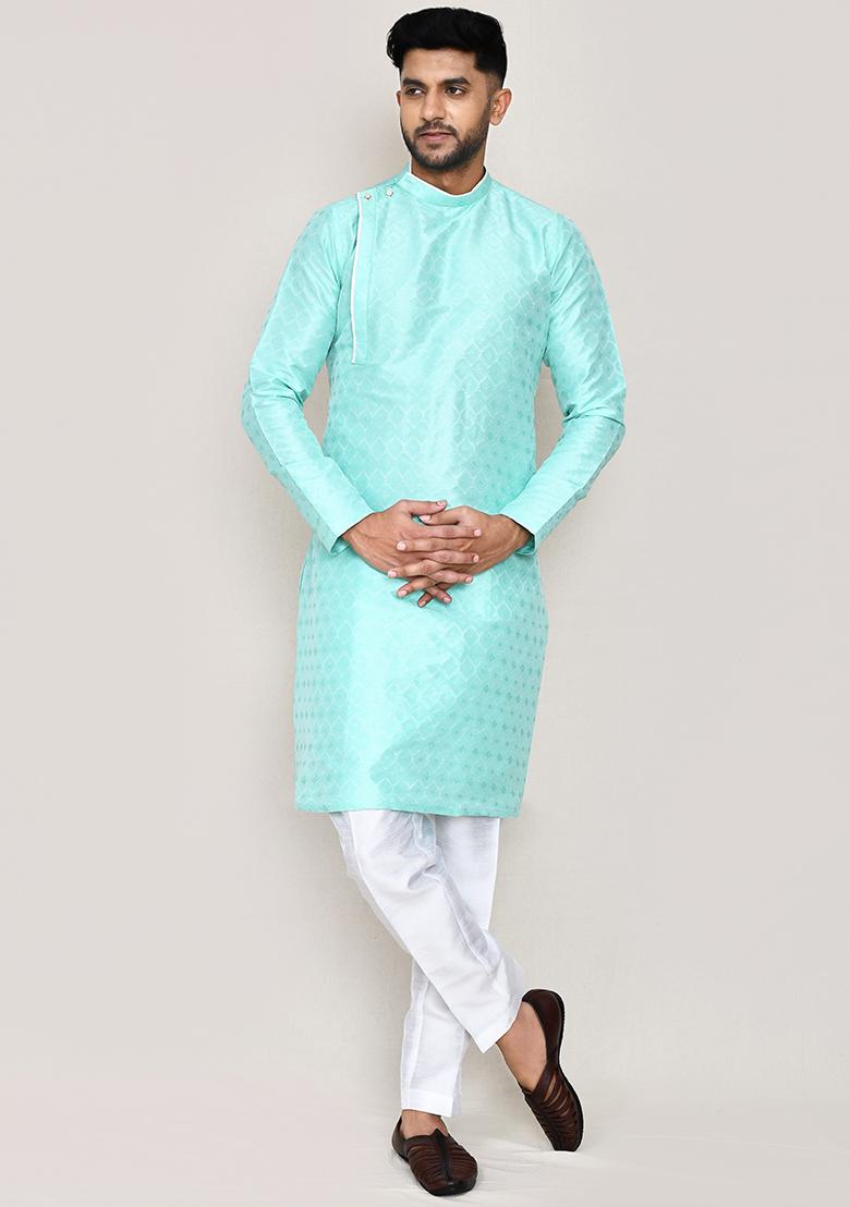 Ocean Green Jacquard Jacquard Silk Kurta Set For Men