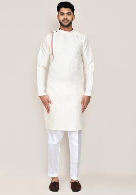 Cream Jacquard Jacquard Silk Kurta Set For Men