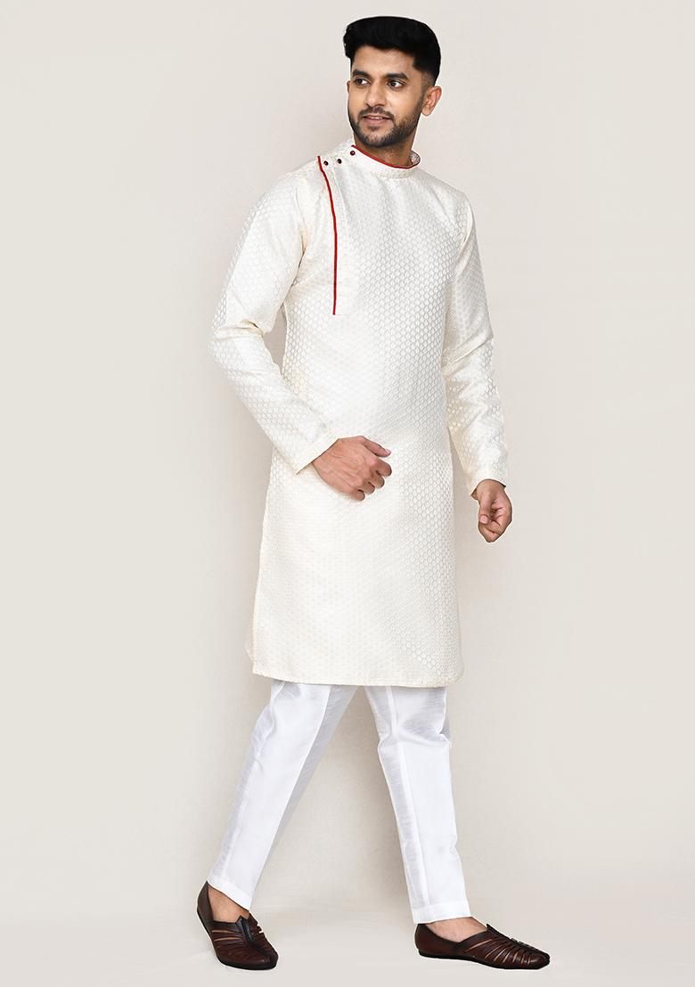 Cream Jacquard Jacquard Silk Kurta Set For Men
