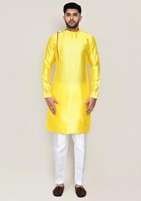 Yellow Thread Work Jacquard Silk Kurta Set For Men