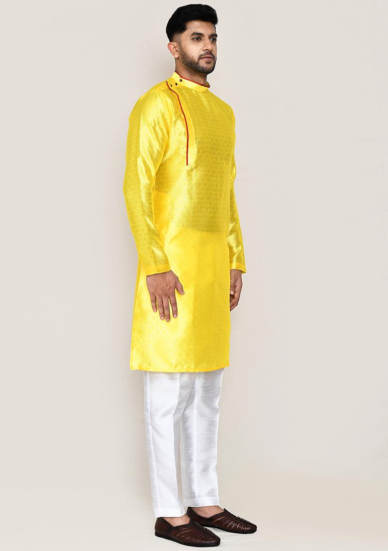 Yellow Thread Work Jacquard Silk Kurta Set For Men