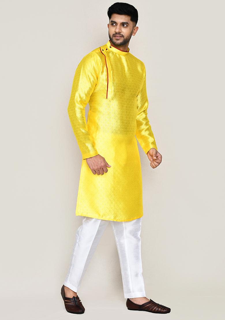 Yellow Thread Work Jacquard Silk Kurta Set For Men