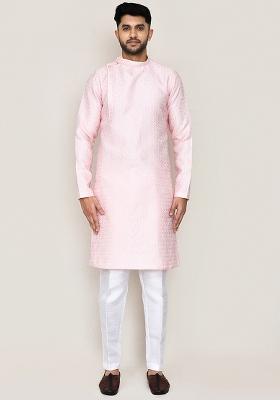 Red Printed Weaving Silk Kurta Set For Men