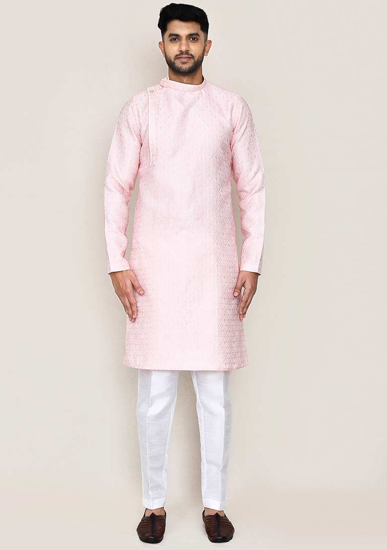 Red Printed Weaving Silk Kurta Set For Men - Indya