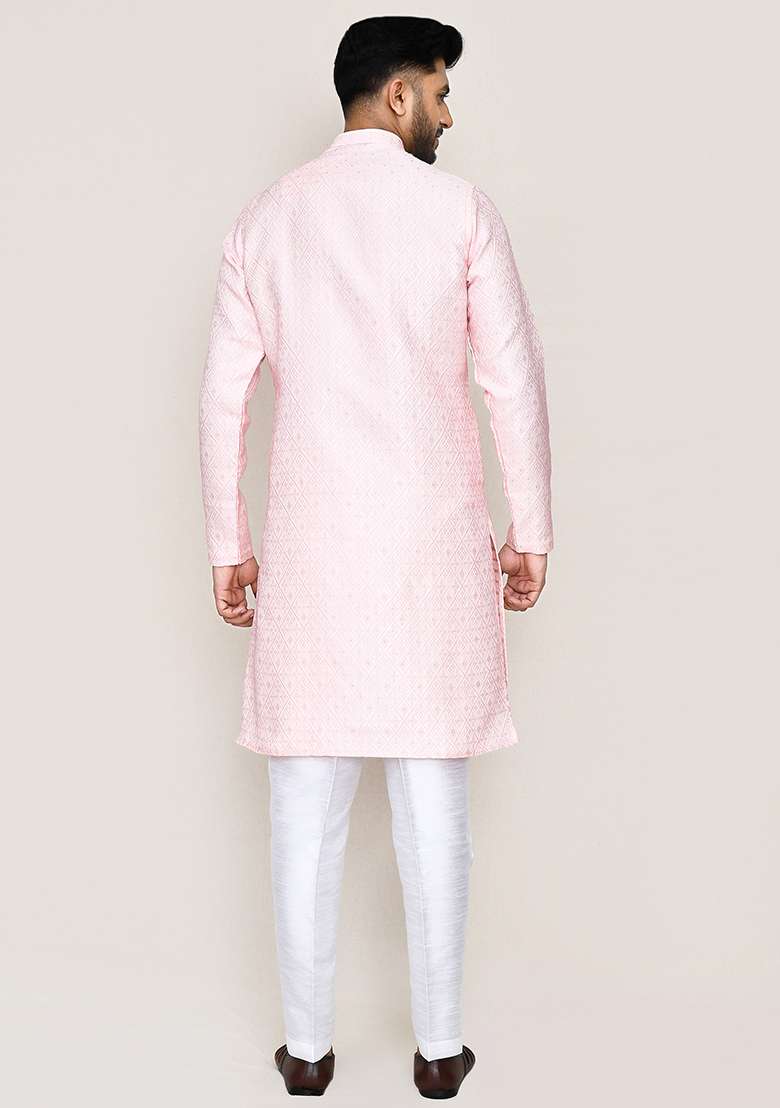 Red Printed Weaving Silk Kurta Set For Men - Indya