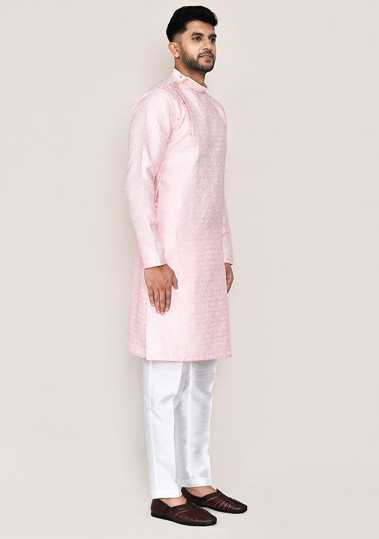 Red Printed Weaving Silk Kurta Set For Men