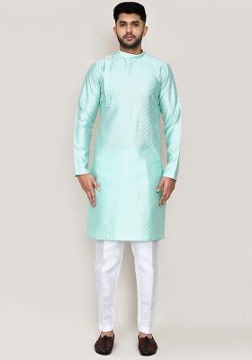 Light Green Plain Jacquard Silk Kurta Set For Men