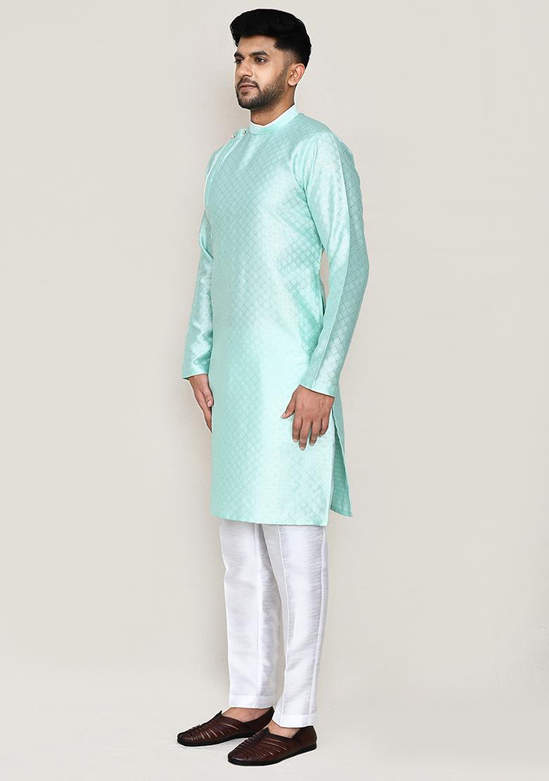 Light Green Plain Jacquard Silk Kurta Set For Men