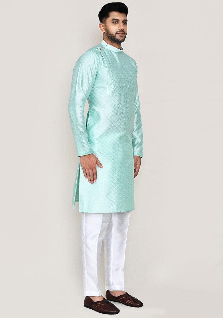 Light Green Plain Jacquard Silk Kurta Set For Men