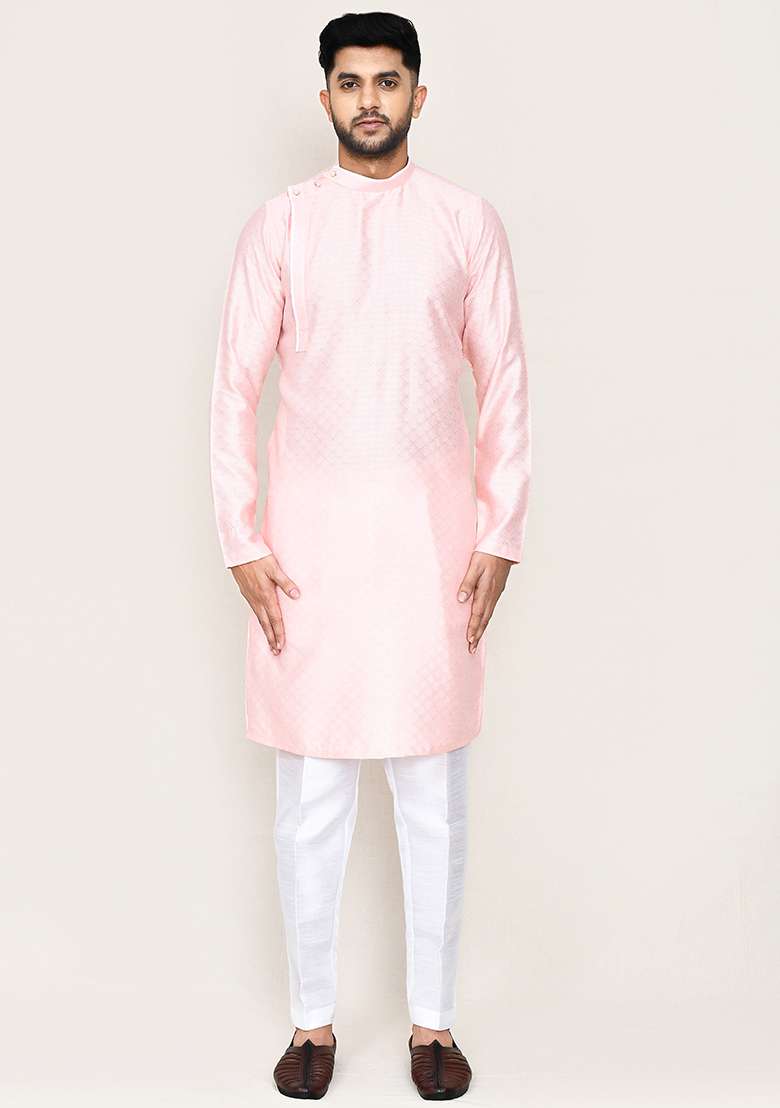 Pink Plain Jacquard Silk Kurta Set For Men - Indya
