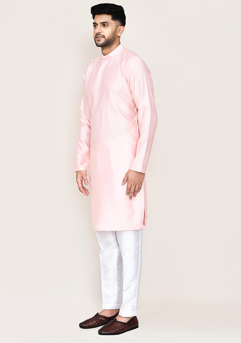 Pink Plain Jacquard Silk Kurta Set For Men