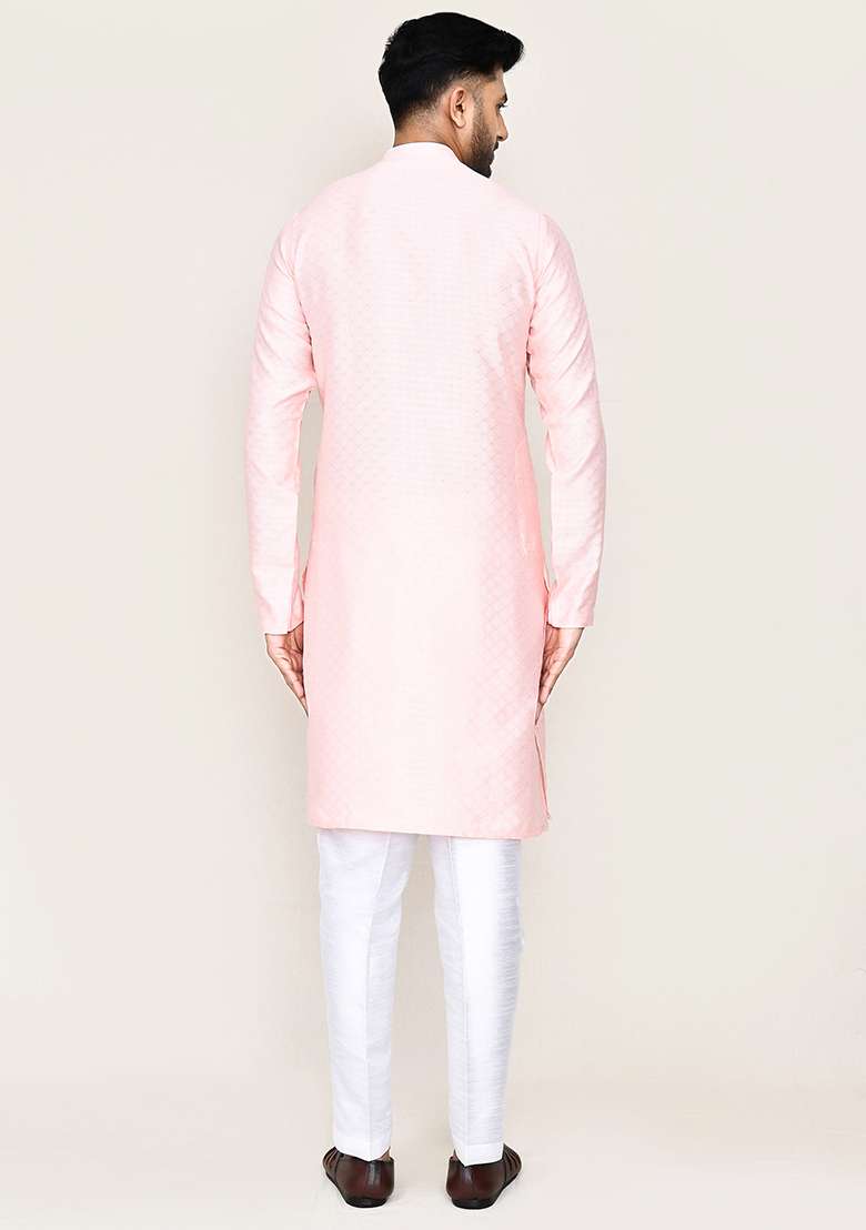 Pink Plain Jacquard Silk Kurta Set For Men - Indya