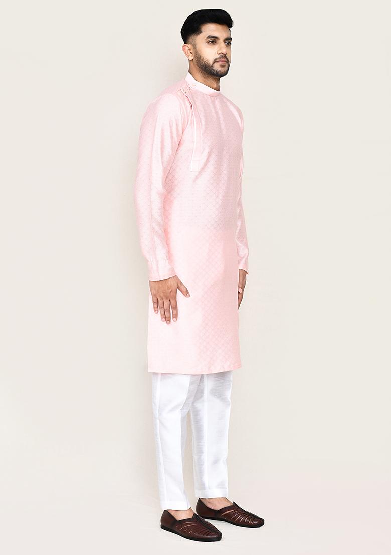Pink Plain Jacquard Silk Kurta Set For Men