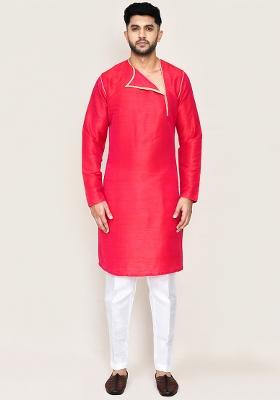 Rani Pink Plain Art Silk Kurta Set For Men
