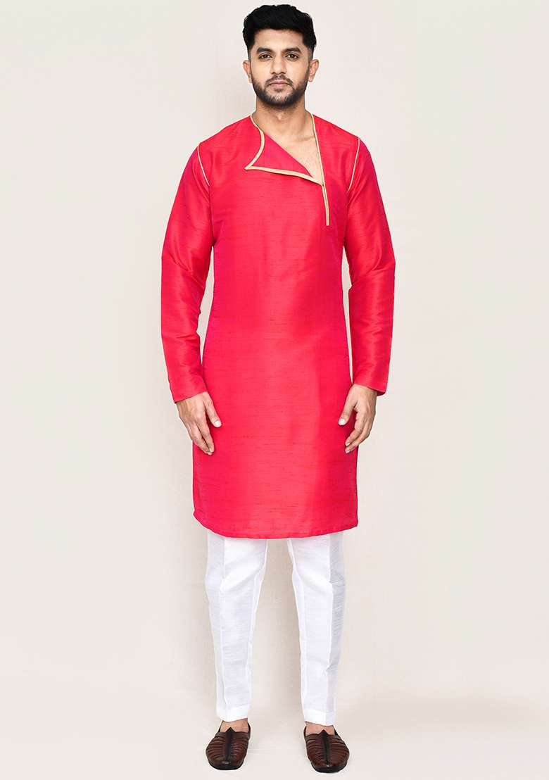Rani Pink Plain Art Silk Kurta Set For Men - Indya
