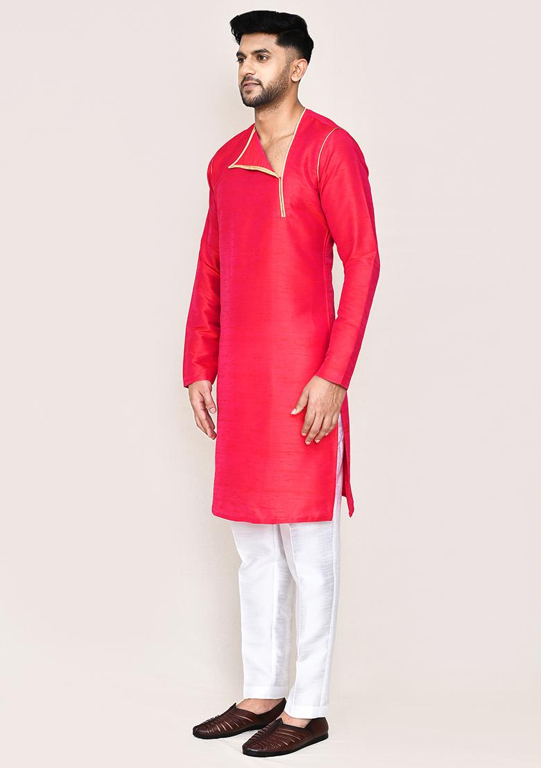 Rani Pink Plain Art Silk Kurta Set For Men