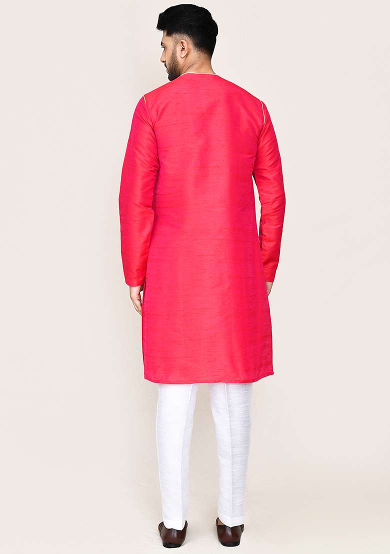 Rani Pink Plain Art Silk Kurta Set For Men - Indya
