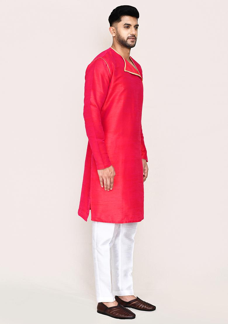 Rani Pink Plain Art Silk Kurta Set For Men