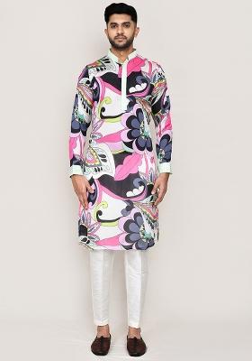 Multicolor Printed Satin Silk Kurta Set For Men