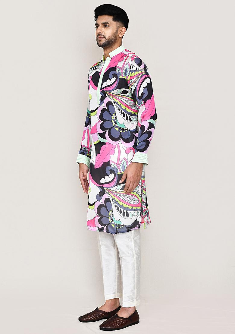 Multicolor Printed Satin Silk Kurta Set For Men
