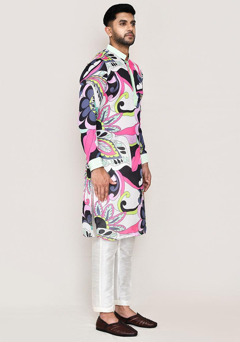 Multicolor Printed Satin Silk Kurta Set For Men