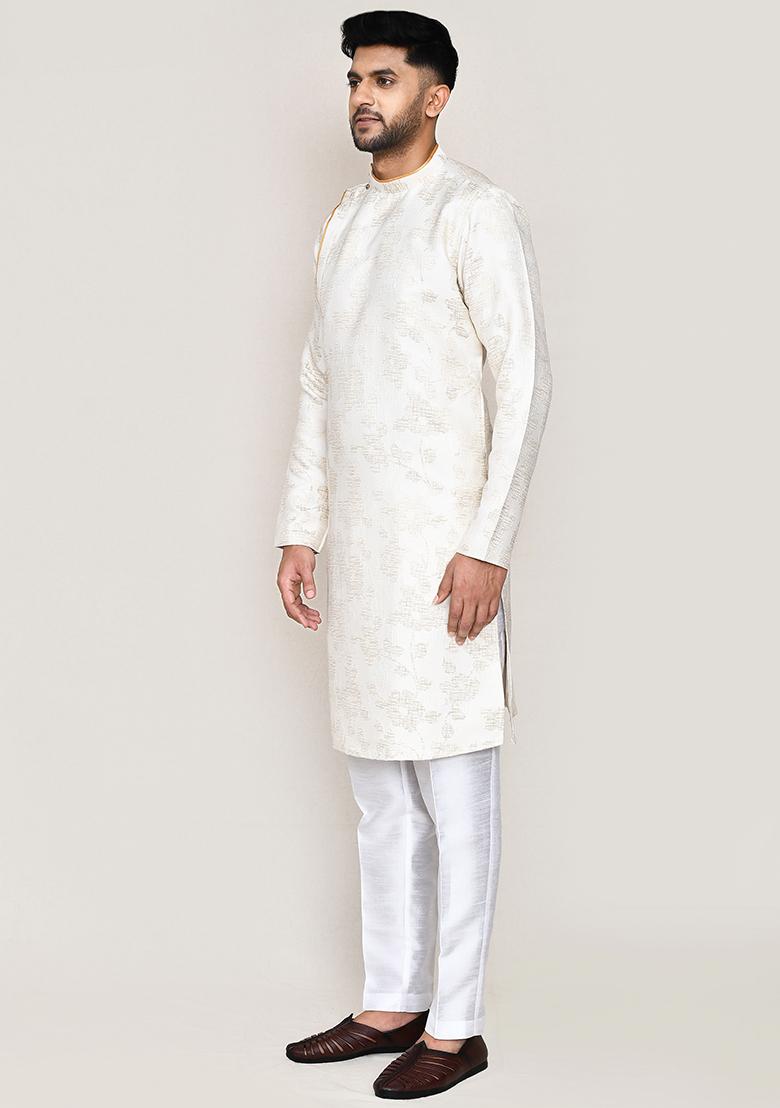 Cream Plain Jacquard Silk Kurta Set For Men