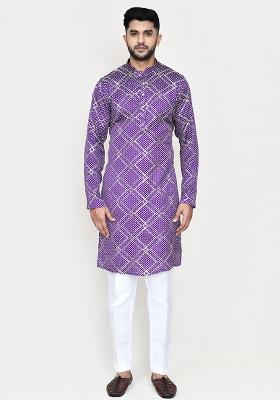 Purple Printed Silk  Kurta Set For Men