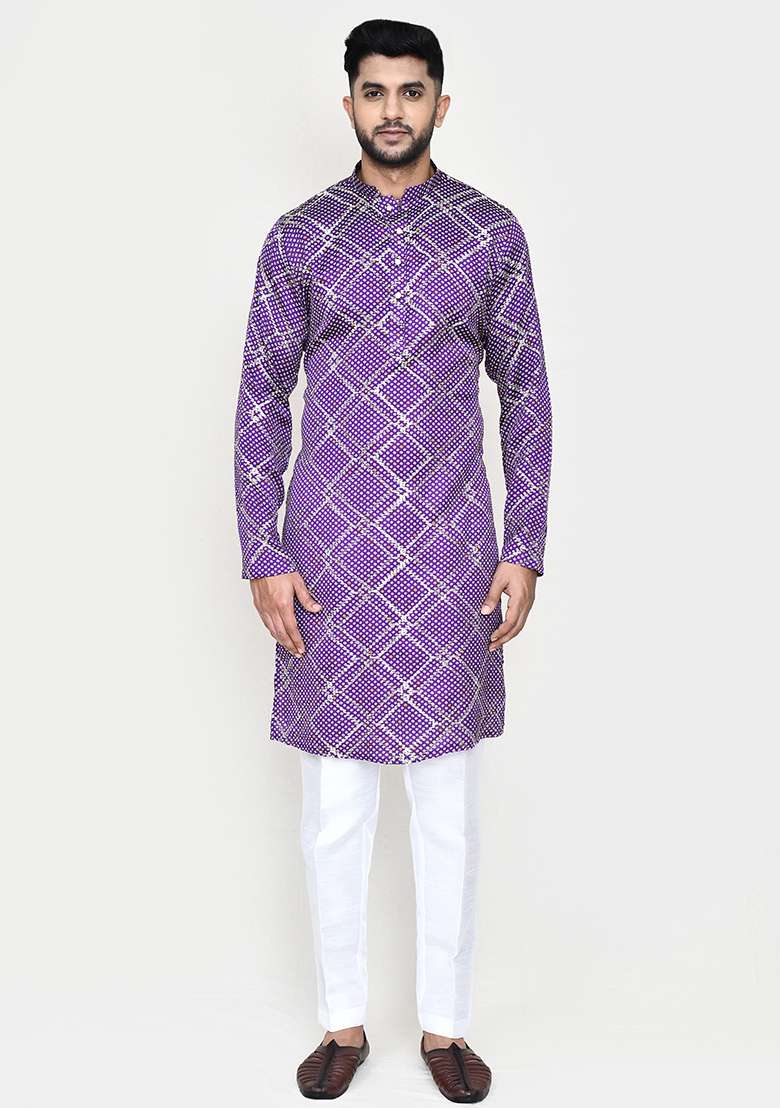 Purple Printed Silk  Kurta Set For Men - Indya