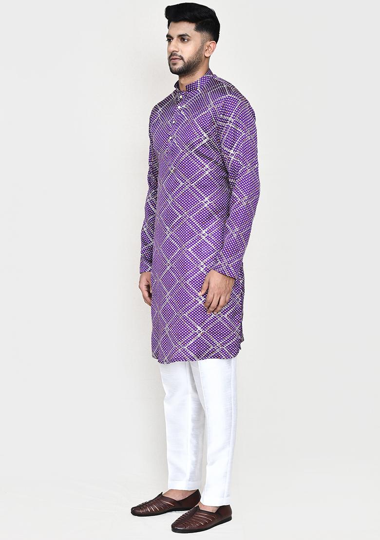 Purple Printed Silk  Kurta Set For Men