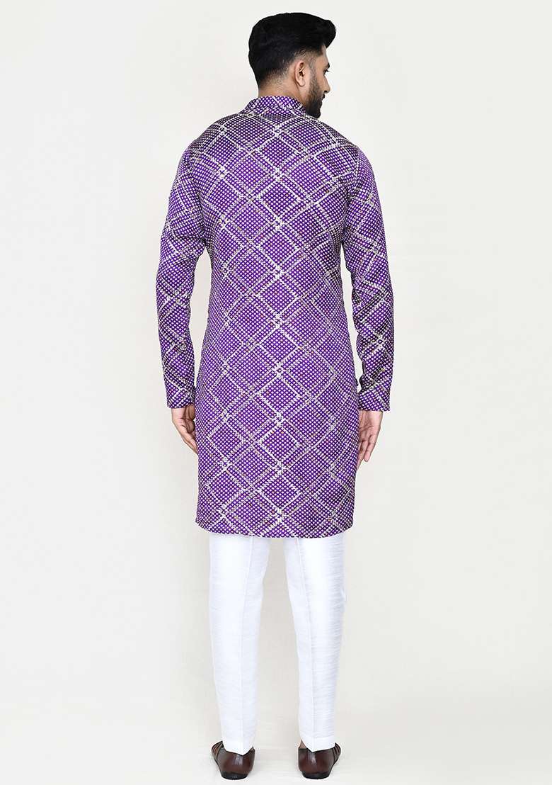 Purple Printed Silk  Kurta Set For Men - Indya