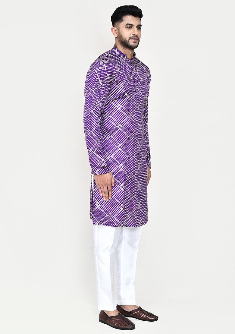 Purple Printed Silk  Kurta Set For Men