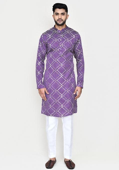 Purple Printed Silk  Kurta Set For Men