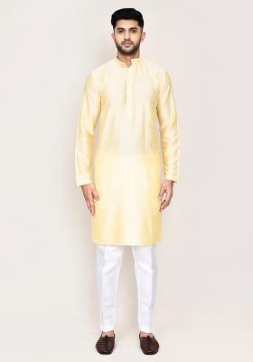 Cream Plain Art Silk Kurta Set For Men