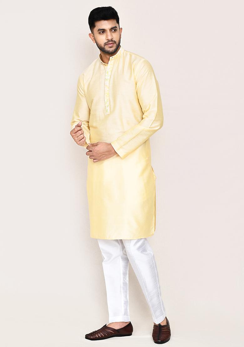 Cream Plain Art Silk Kurta Set For Men