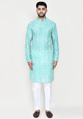 Firozi Blue Printed Rayon Kurta Set For Men