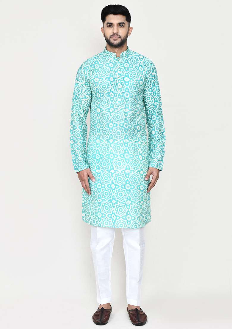 Firozi Blue Printed Rayon Kurta Set For Men - Indya