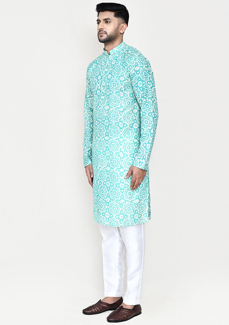 Firozi Blue Printed Rayon Kurta Set For Men