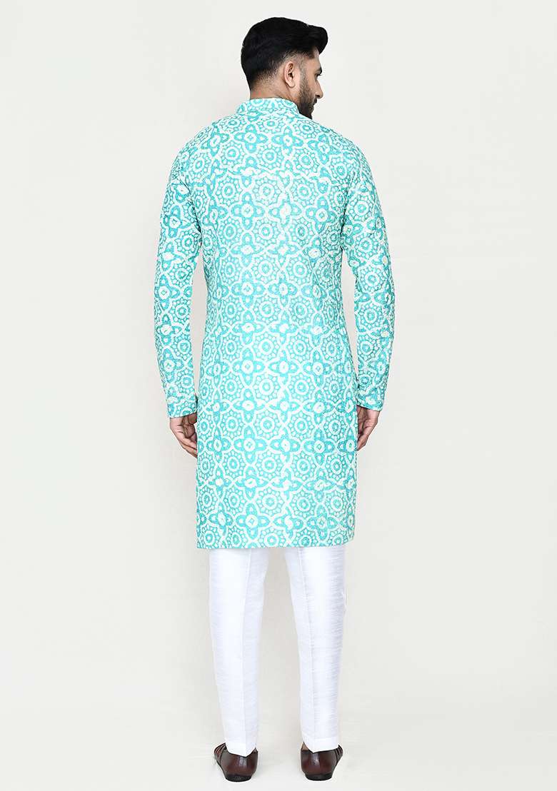 Firozi Blue Printed Rayon Kurta Set For Men - Indya