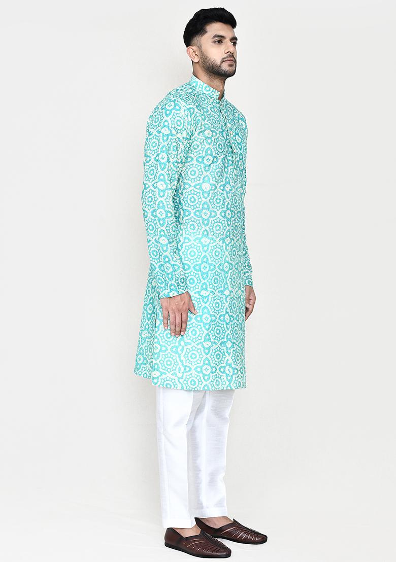 Firozi Blue Printed Rayon Kurta Set For Men