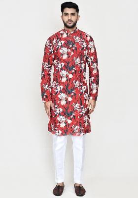 Maroon Printed Rayon Kurta Set For Men