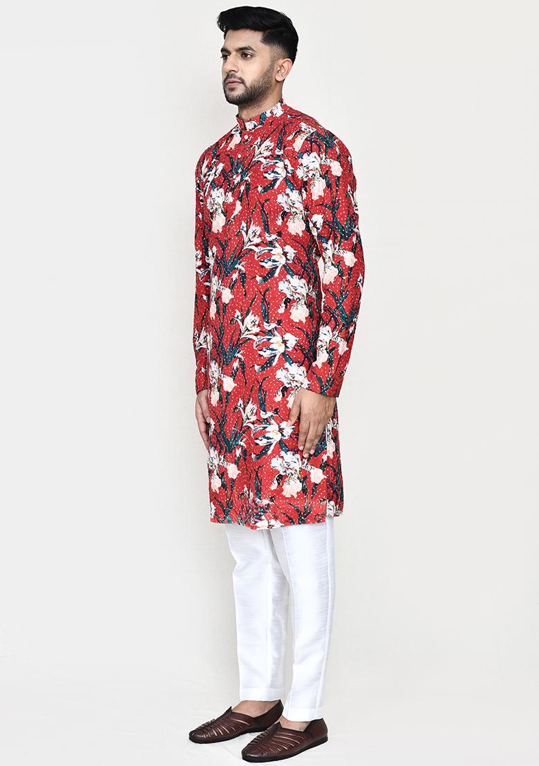 Maroon Printed Rayon Kurta Set For Men