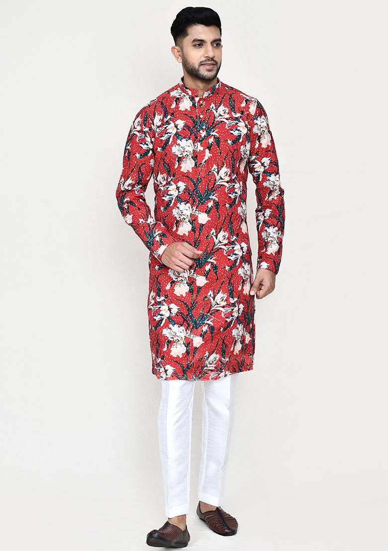 Maroon Printed Rayon Kurta Set For Men