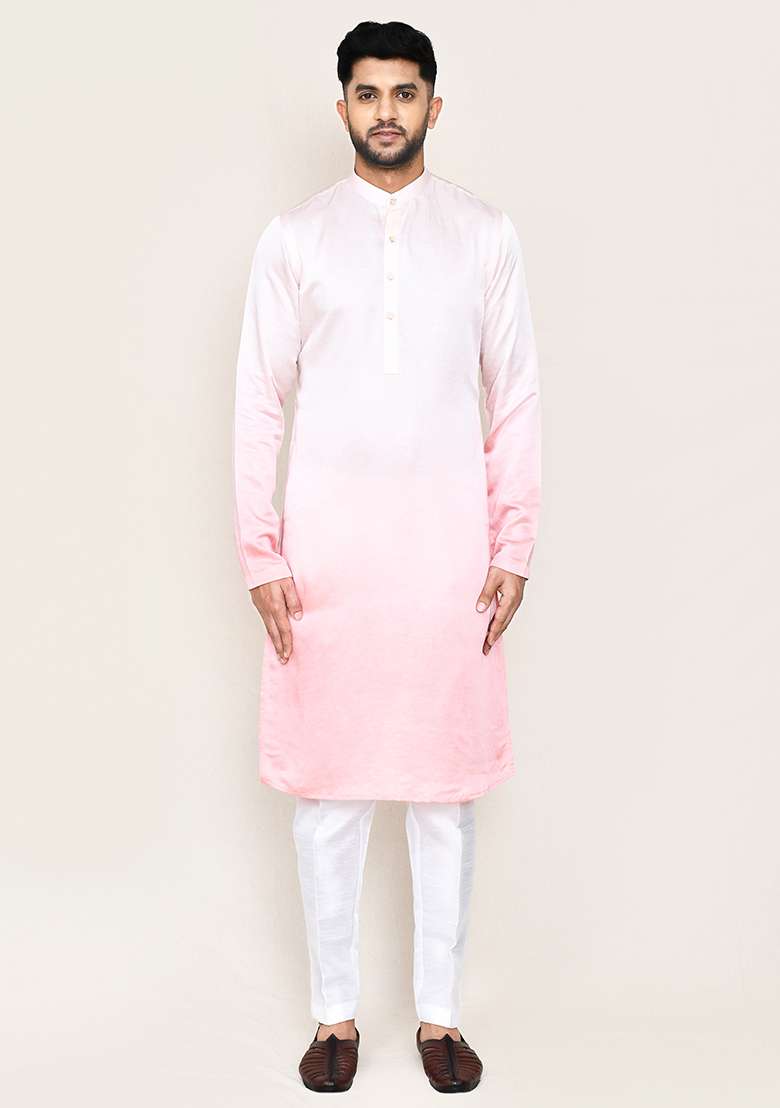 White Printed Satin Silk Kurta Set For Men - Indya
