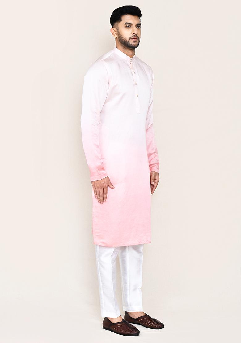 White Printed Satin Silk Kurta Set For Men
