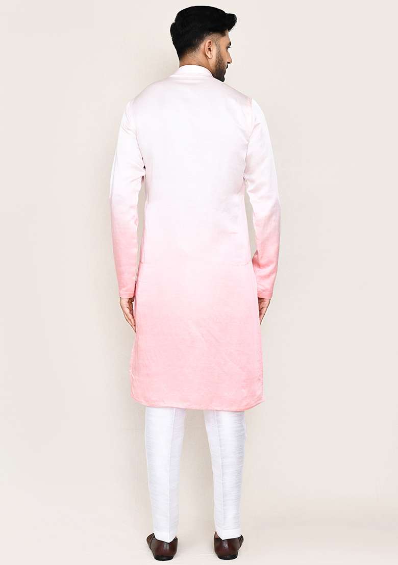 White Printed Satin Silk Kurta Set For Men - Indya